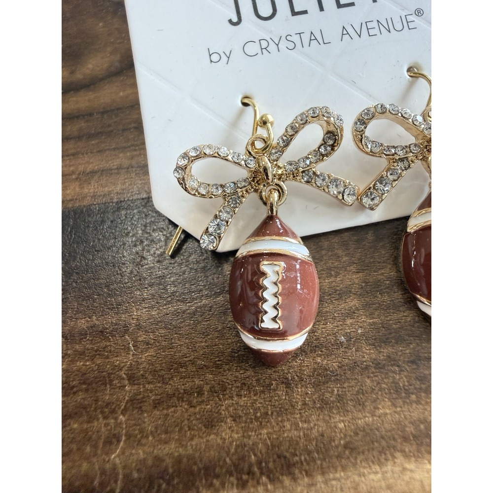 Juliet Crystal Avenue Football Bow Dangle Earrings Rhinestone Game Day Jewelry - Picture 2 of 4
